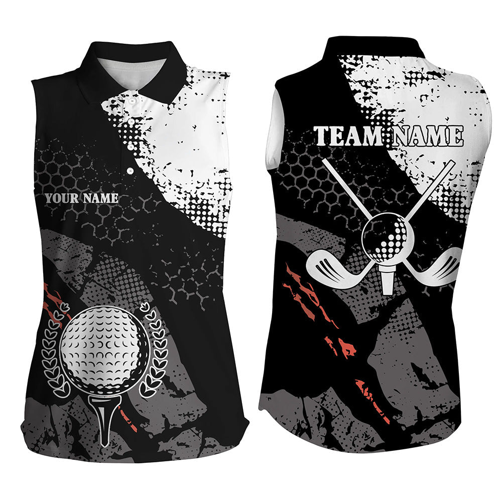 Black and white retro Womens sleeveless polo shirt custom golf clubs jerseys, golf attire for ladies NQS6698
