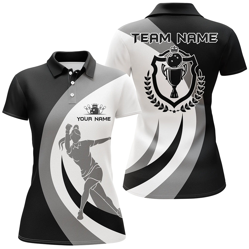 Black and white retro Bowling Polo Shirt For Women Bowling Jersey Custom Bowling League Team Shirt NQS6704