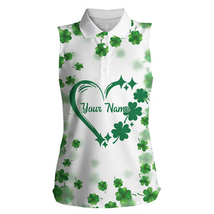 Womens Sleeveless golf polos shirts custom green clover heart St Patrick's Day pattern golf polos NQS7197