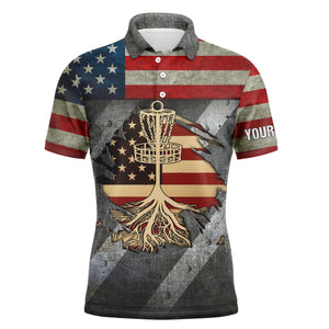 Mens disc golf polo shirt custom name American flag disc golf basket, disc golf gifts for men NQS4427