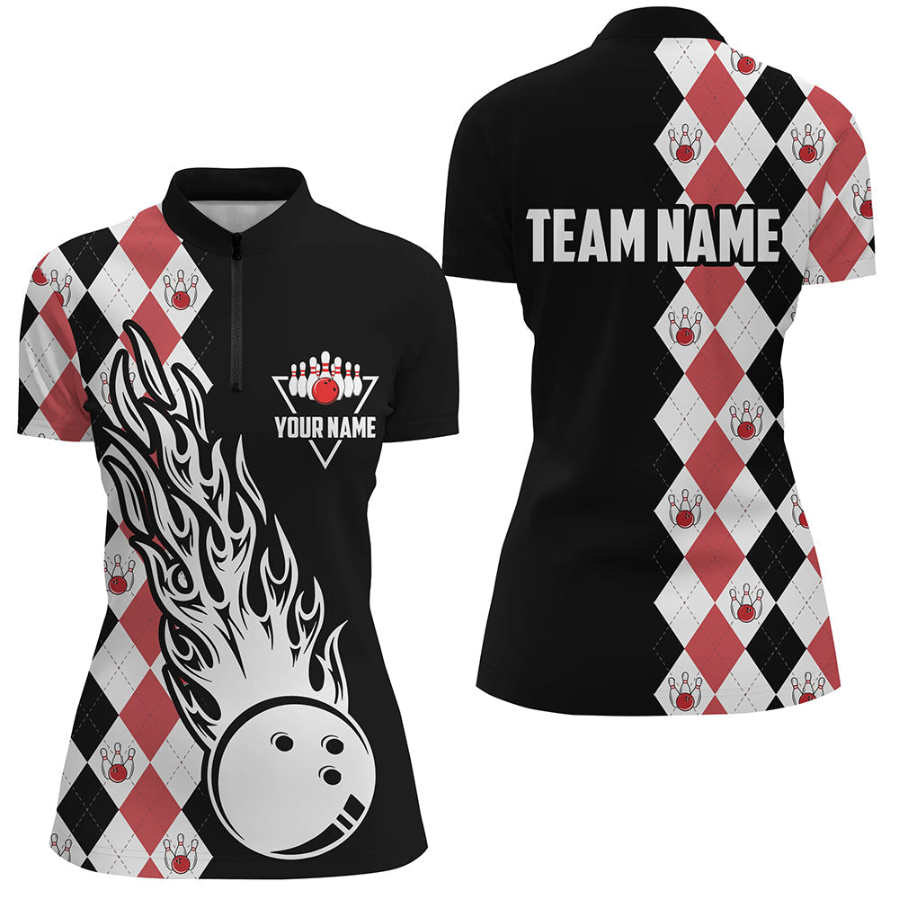 Black & red argyle pattern bowling fire Quarter Zip shirt for women custom bowling team league jerseys NQS6912