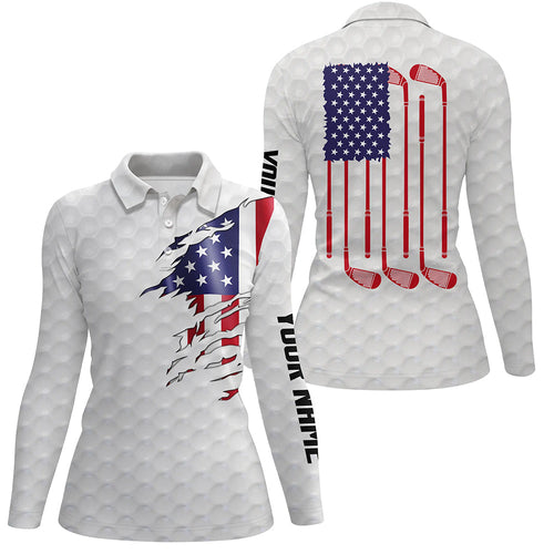 Womens golf polo shirt white golf ball American flag patriotic golf clubs custom name golfing gifts NQS7076