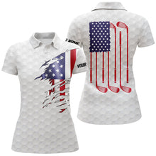 Load image into Gallery viewer, Womens golf polo shirt white golf ball American flag patriotic golf clubs custom name golfing gifts NQS7076