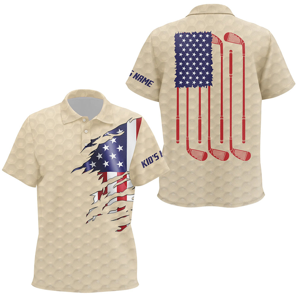 Kid golf polo shirts beige golf ball American flag patriotic golf clubs custom golf gifts NQS7077