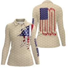 Load image into Gallery viewer, Womens golf polo shirt beige golf ball American flag patriotic golf clubs custom name golfing gifts NQS7077