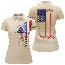 Load image into Gallery viewer, Womens golf polo shirt beige golf ball American flag patriotic golf clubs custom name golfing gifts NQS7077