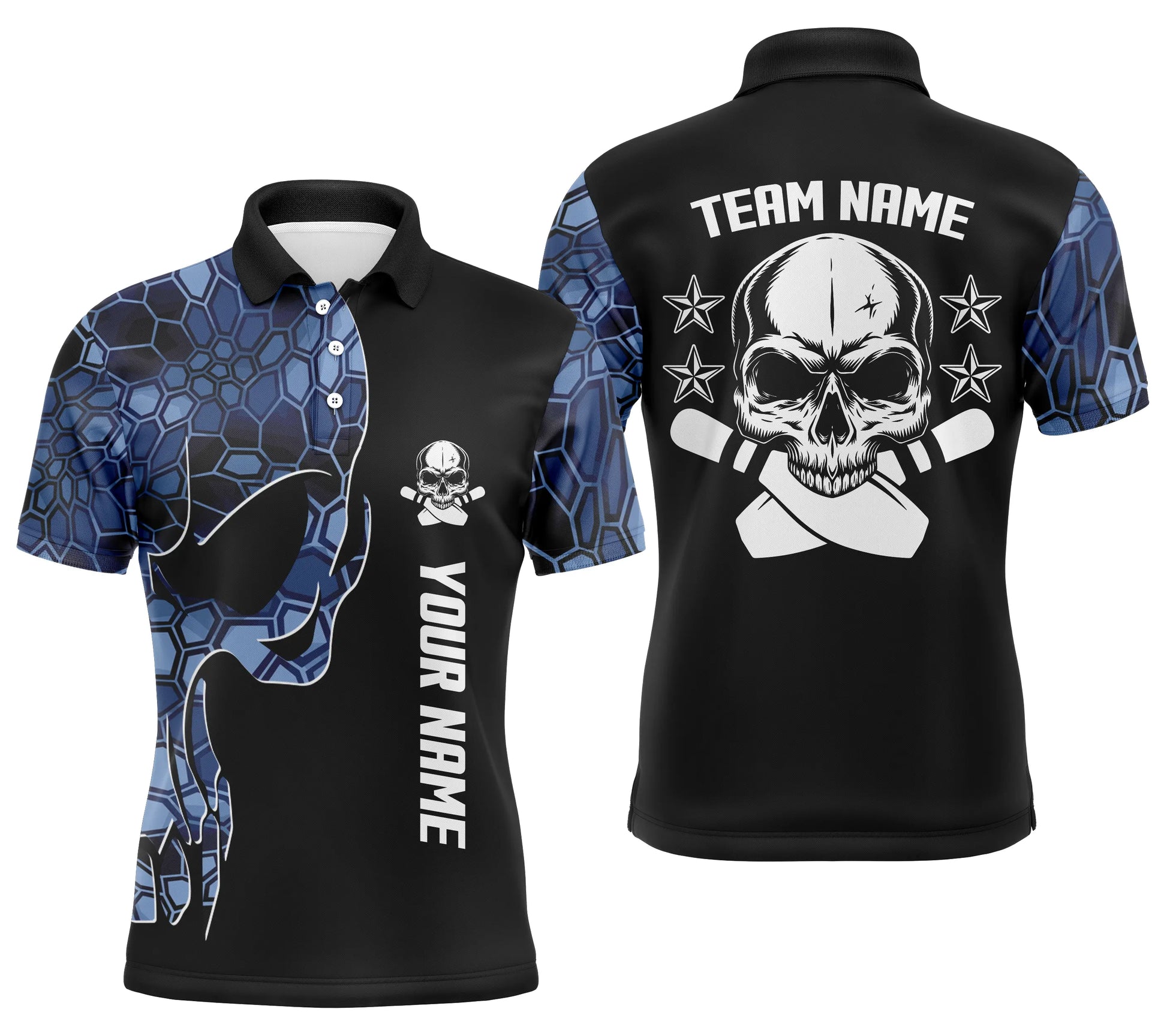 Custom Blue camo bowling shirt for men – personalized team jersey front view