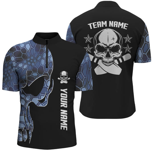 Custom Blue camo bowling shirt for men – personalized team jersey front view
