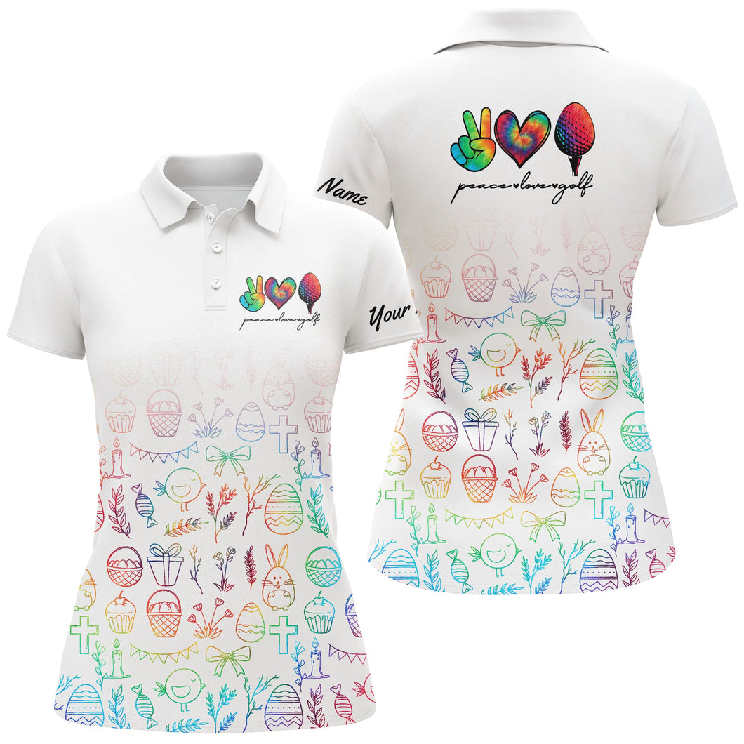 Womens golf polo shirts custom watercolor peace love golf, personalized Easter golf shirt for women NQS5062
