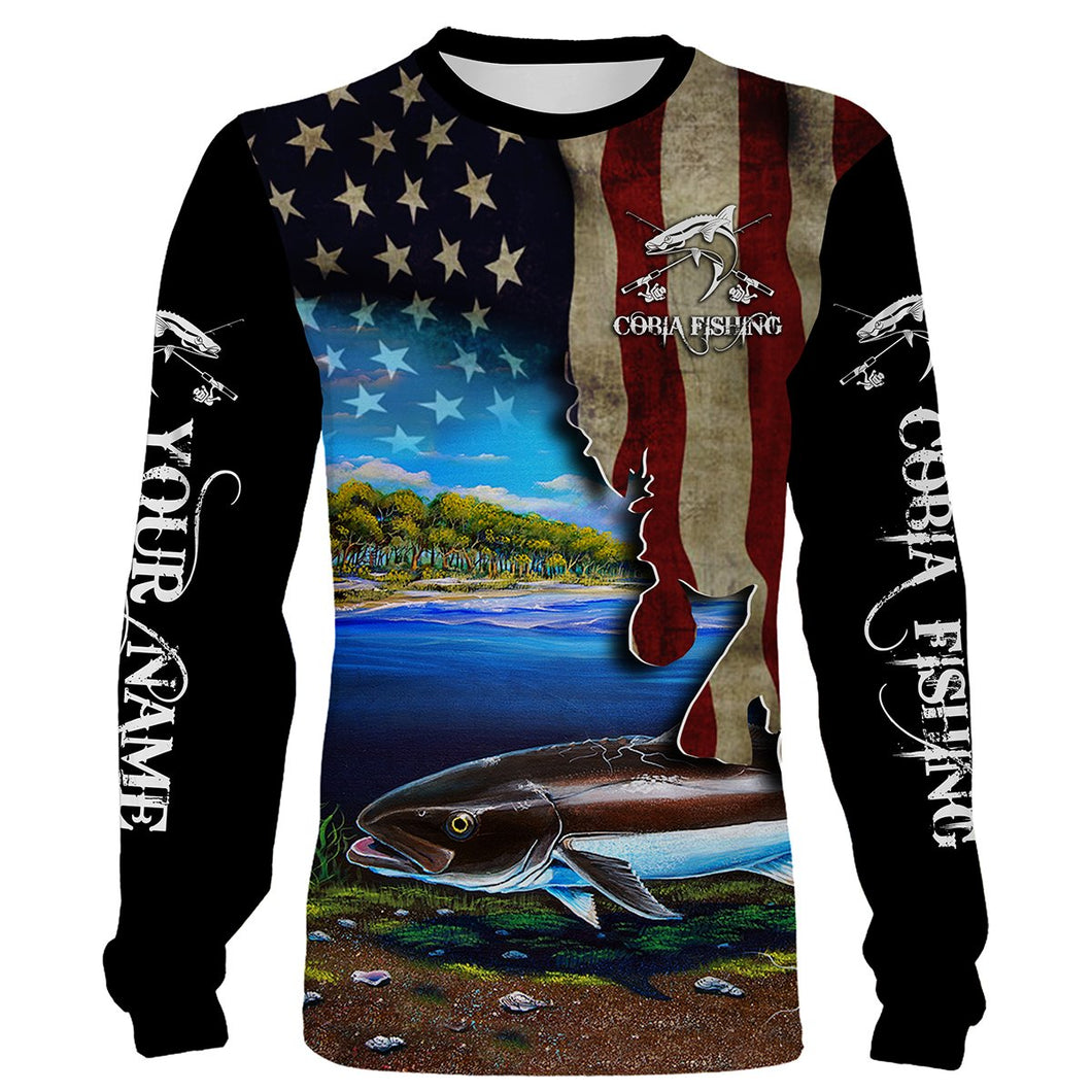 Cobia Fishing 3D American Flag Patriotic Customize name All over print fishing shirts NQS518