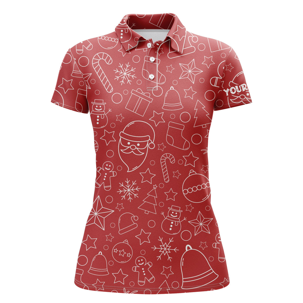 Womens golf polo shirt custom name beautiful red Xmas pattern, Christmas gifts for golf lovers NQS4437