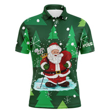 Load image into Gallery viewer, Mens golf polo shirts custom name Santa golf Christmas tree winter forest pattern, Christmas golf gift NQS4438