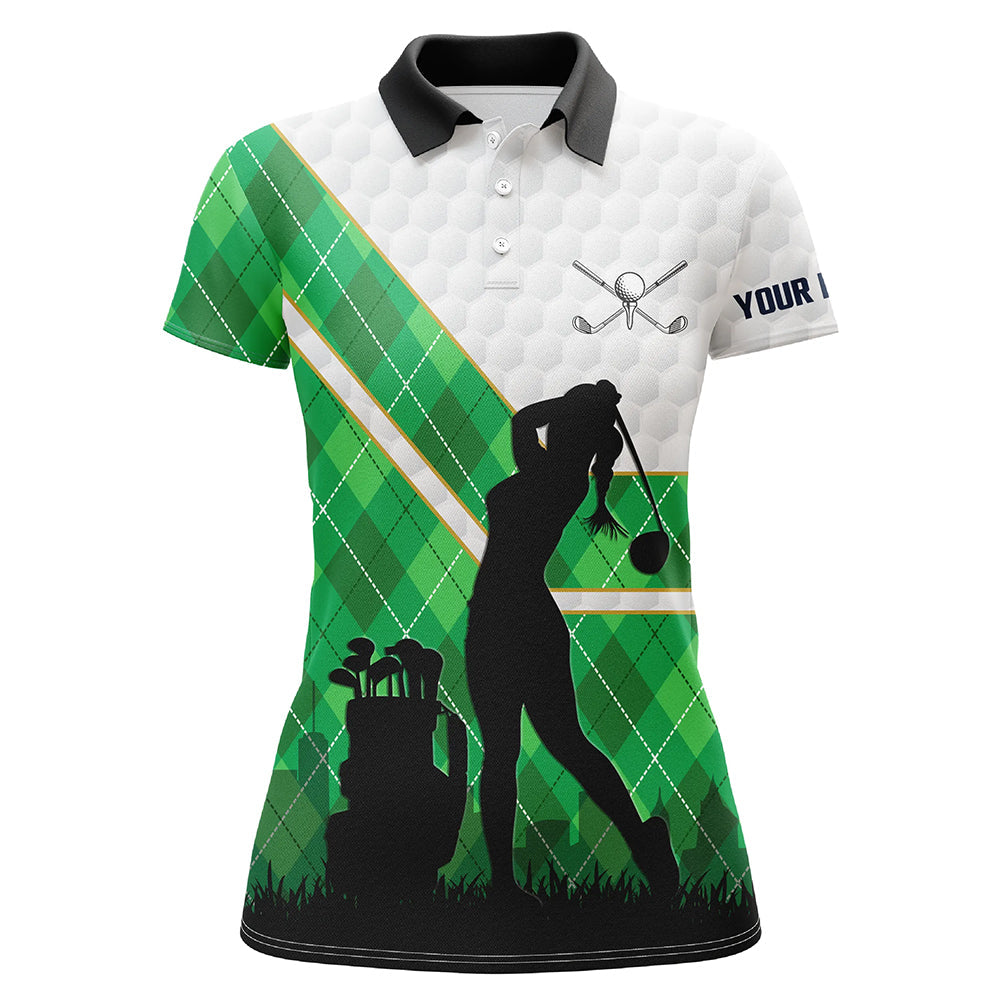Green argyle pattern white golf ball Womens golf polo shirt custom golfing gifts, ladies golf tops NQS7090