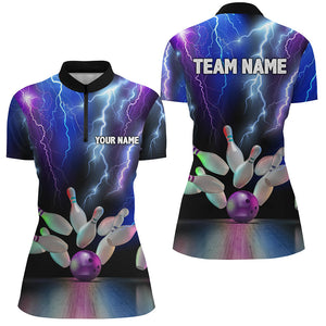 Womens bowling Quarter Zip shirt colorful lightning thunder storm bowling team league jerseys NQS7093