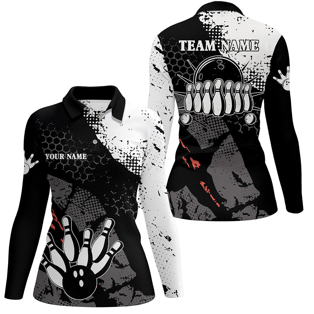 Black and white Women bowling polo shirts Custom retro bowling ball pins bowling team league jerseys NQS6264
