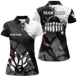 Black and white Women bowling polo shirts Custom retro bowling ball pins bowling team league jerseys NQS6264