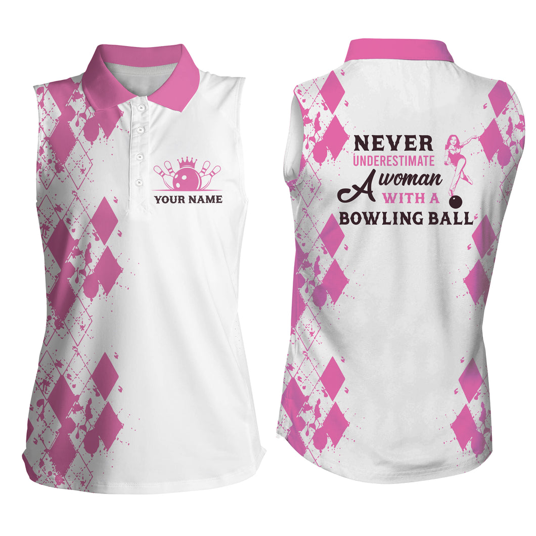 Womens sleeveless polo bowling shirts custom name never underestimate a woman with a bowling ball NQS4462