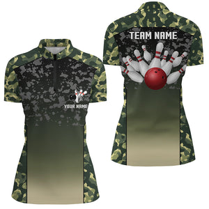 Green camo bowling Quarter Zip shirts for women custom team bowling jerseys, gifts for bowlers NQS6939