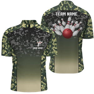 Green camo bowling Quarter Zip shirts for men custom team bowling jerseys, gifts for bowlers NQS6939