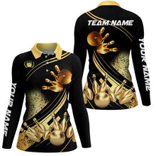 Load image into Gallery viewer, Black and Gold Women bowling polo shirts custom bowling apparel team bowling jerseys, bowling gifts NQS7222