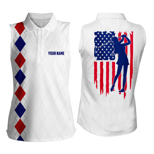 Womens Sleeveless polo shirt American flag patriotic golf shirts custom name golf gifts | White NQS4029