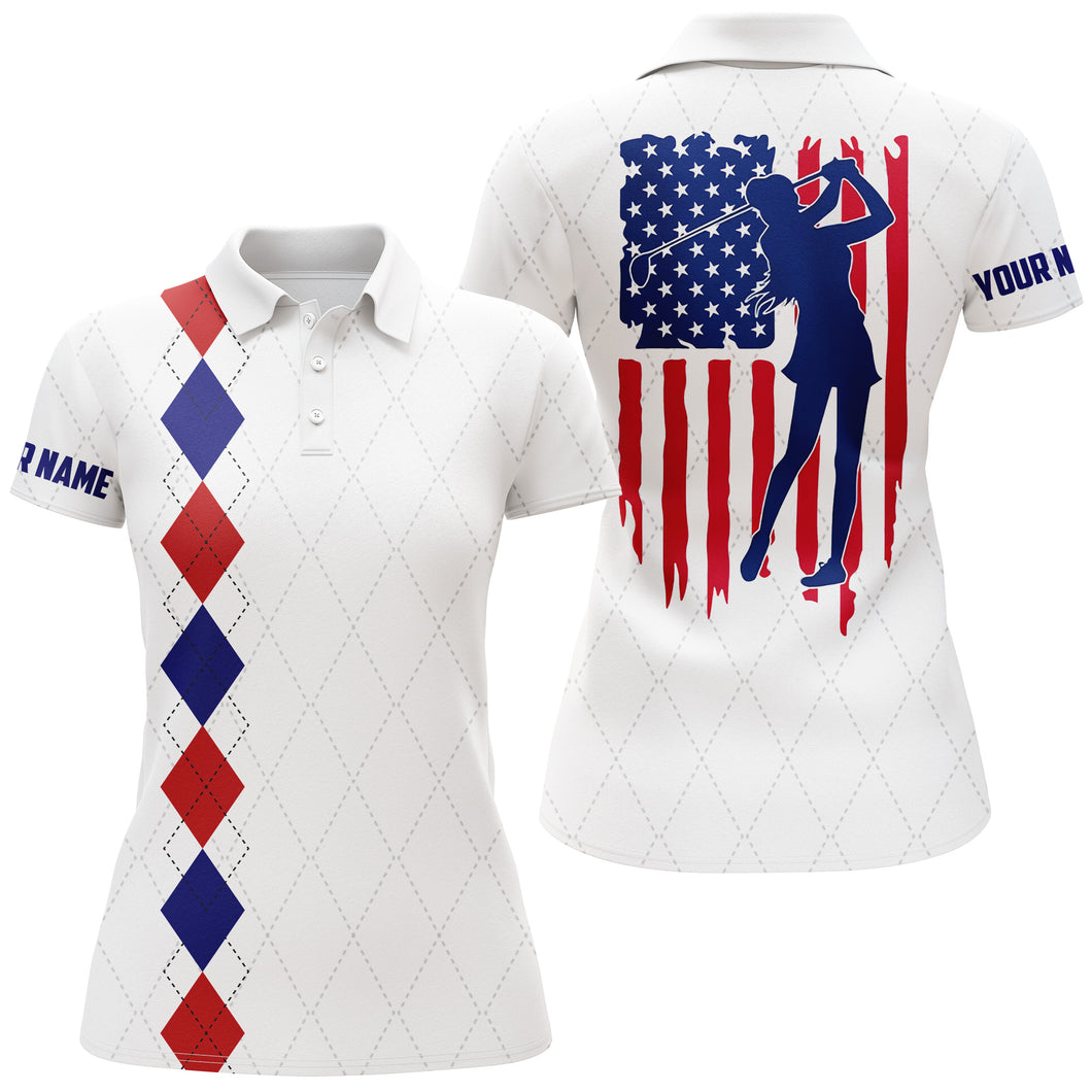 Womens golf polo shirt American flag patriotic golf shirts custom name golf gifts for women | White NQS4029