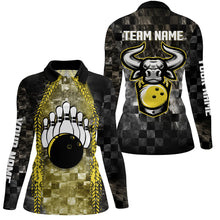 Load image into Gallery viewer, Bowling Bull Black And Yellow Women bowling polo shirts Custom bowling ball pins Team League Jersey NQS6499