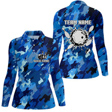 Load image into Gallery viewer, Short sleeve Bowling polo shirts for women Custom bowling ball and pins blue camo Bowling Team Jersey NQS6285