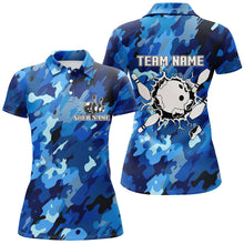 Load image into Gallery viewer, Short sleeve Bowling polo shirts for women Custom bowling ball and pins blue camo Bowling Team Jersey NQS6285