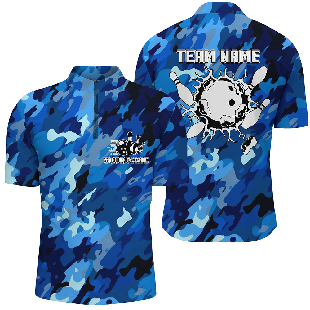 Bowling Quarter Zip shirts for men Custom bowling ball and pins blue camo Bowling Team Jersey NQS6285