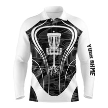 Load image into Gallery viewer, Black and white Mens disc golf polo shirt custom name disc golf basket, disc golfer gift ideas NQS4487