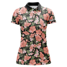 Load image into Gallery viewer, Womens golf polos shirts custom name pink hibiscus flower black pattern golf tops for ladies NQS7132