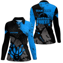 Load image into Gallery viewer, Black and blue Women bowling polo shirts Custom retro bowling ball pins bowling team league jerseys NQS6314