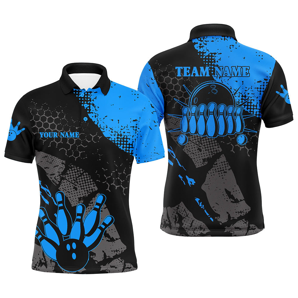 Black and blue Mens polo bowling shirts Custom retro bowling ball pins bowling team league jerseys NQS6314