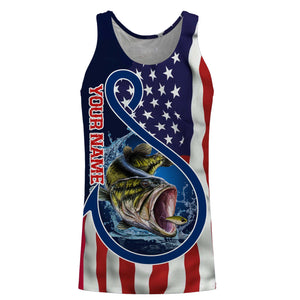 Largemouth Bass Fishing American Flag Patriotic Customize Name Fishing Shirts NQS469