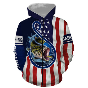 Largemouth Bass Fishing American Flag Patriotic Customize Name Fishing Shirts NQS469