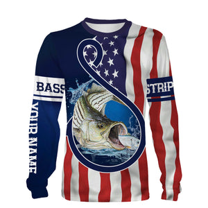 Striped Bass Fishing American Flag Patriotic Customize Name Fishing Shirts NQS479