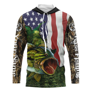 Largemouth Bass Fishing American Flag patriot custom name long sleeves shirt, gift for Fishing lovers NQS689