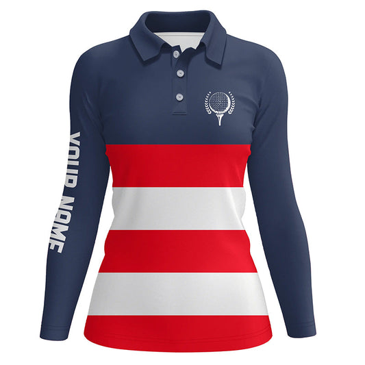 Red, white and blue stripe custom name Womens golf polos shirts, patriot women's golf attire NQS7135