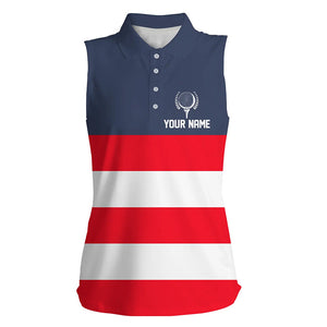 Red, white and blue stripe custom Womens sleeveless golf polos shirts, patriot women's golf attire  NQS7135