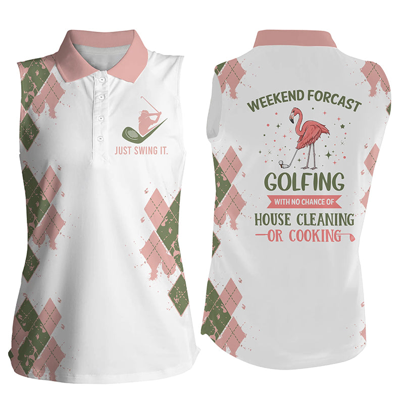 Funny flamingo Womens sleeveless polo shirt weekend forecast golfing with no chance cleaning cooking NQS5154