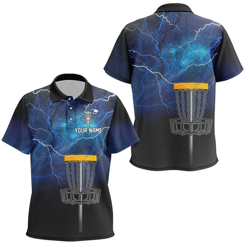 Kid disc golf polo shirt custom blue lightning thunder disc golf shirt, Kid disc golf tops NQS7142