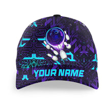 Load image into Gallery viewer, Purple blue abstract Bowling Ball and Pins Custom Bowling Hat, Bowling Cap for team, gift for Bowlers NQS7250