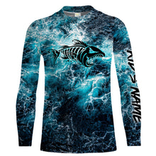 Load image into Gallery viewer, Custom blue ocean fish bone Saltwater Long sleeve Fishing Shirts UV Protection, Sea wave camo Fishing Shirts - NQS2068