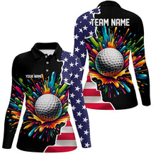 Load image into Gallery viewer, American flag black Women golf polo shirt custom colorful paint golf shirts, patriot ladies golf tops NQS7260