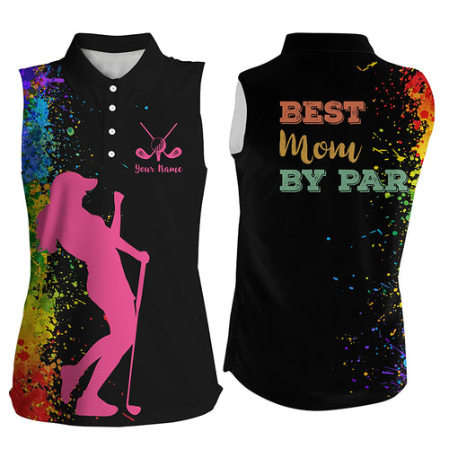 Women's sleeveless golf polo shirt custom  black watercolor best mom by par, mother's day golf gift NQS5179