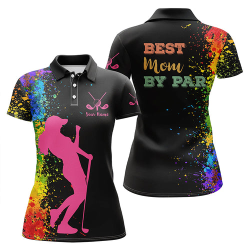 Womens golf polo shirt custom name black watercolor best mom by par, mother's day golf gift for mom NQS5179