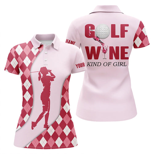 Golf polo shirts for women Golf & wine kind of girl custom argyle plaid golf shirt for wine lovers NQS5183