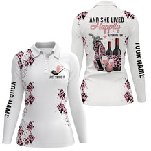Load image into Gallery viewer, Pink leopard white Womens golf polo shirts custom funny golf and wine and she lived happily ever after NQS6324