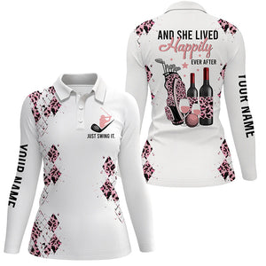 Pink leopard white Womens golf polo shirts custom funny golf and wine and she lived happily ever after NQS6324
